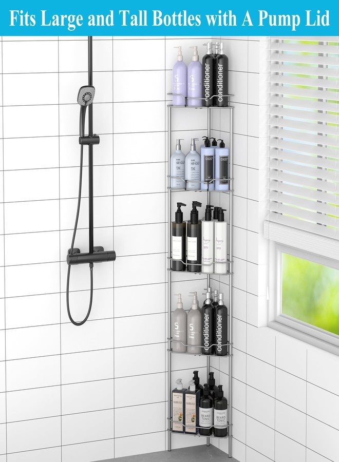 HuggieGems 5 Tier Floor Standing Corner Shower Caddy Organizer Shelf with Hooks, Bathroom Shelves Stand Rack, Gray - Image 4